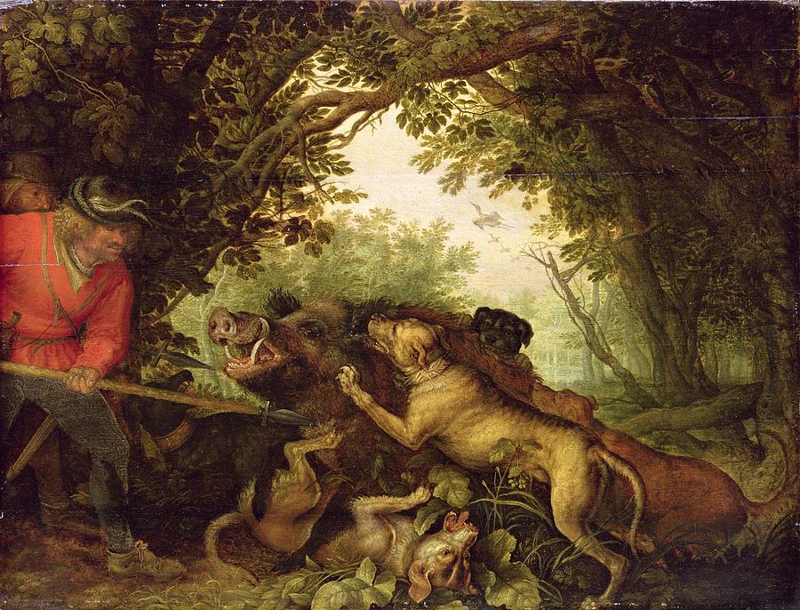 Boar Hunt, 1611 Painting by Roelandt Jacobsz. Savery
