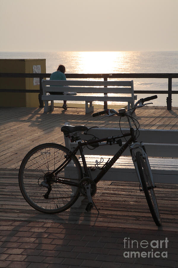 Boardwalk Bicycle at Sunrise with watercolor effect Digital Art by William Kuta