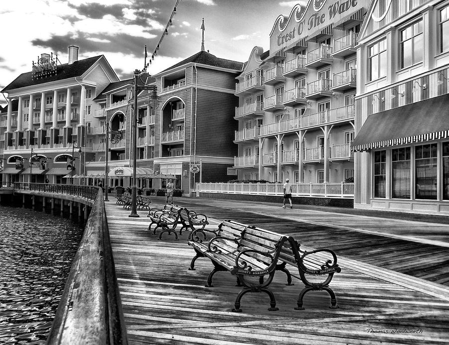 Black And White Photograph - Boardwalk Early Morning In Black and White Walt Disney World by Thomas Woolworth