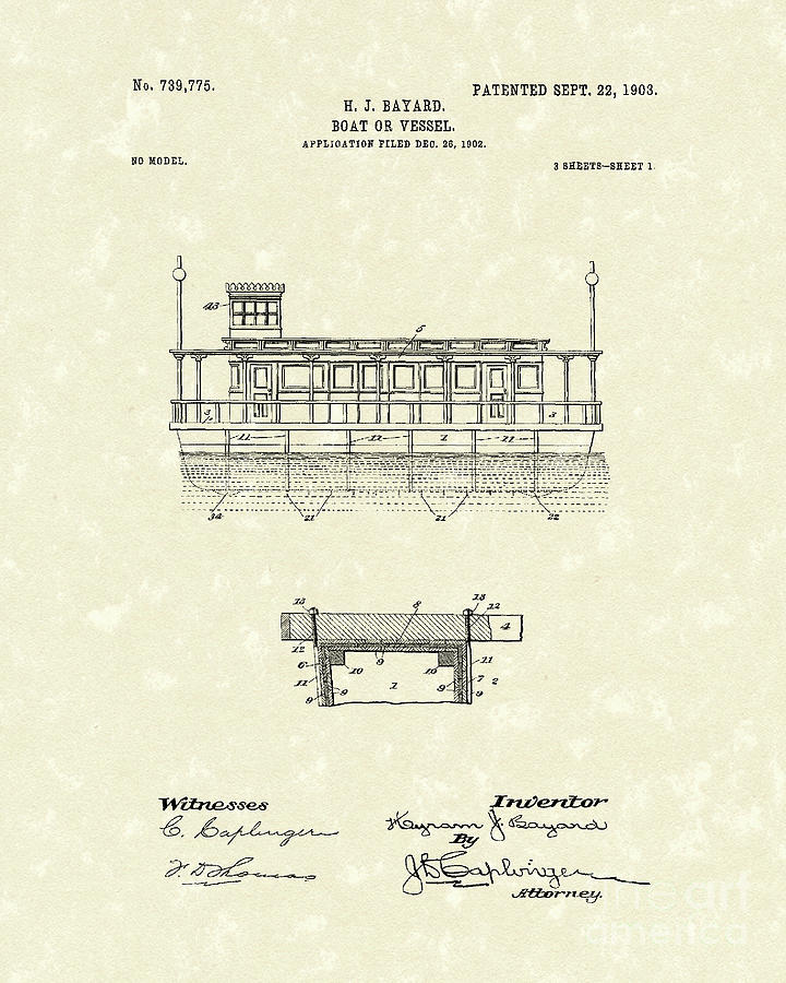 Boat 1903 Patent Art Drawing by Prior Art Design