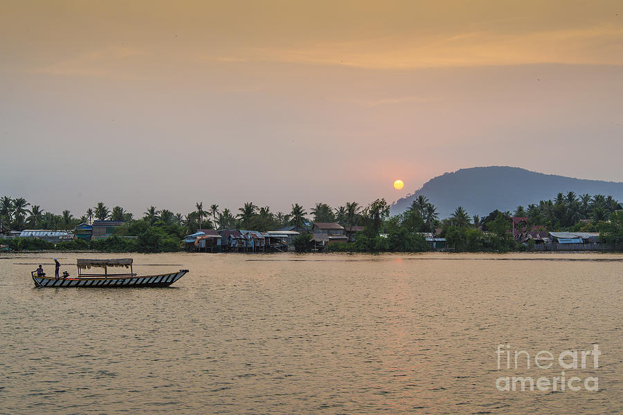 Boat At Sunset In Kampot Riverside Cambodia Photograph by JM Travel Photography