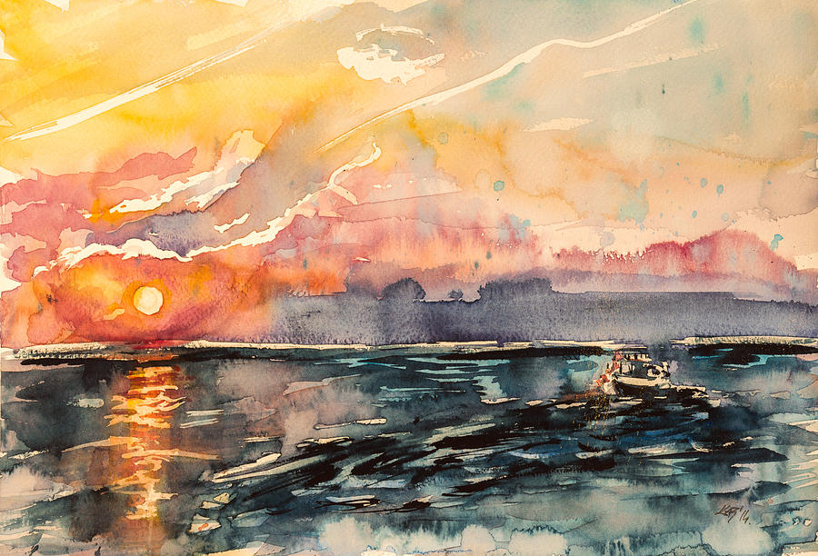 Boat at Sunset Painting by Kovacs Anna Brigitta