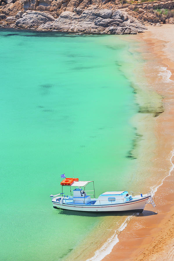 Boat At Super Paradise Beach Photograph by Vasilis Tsikkinis Photos