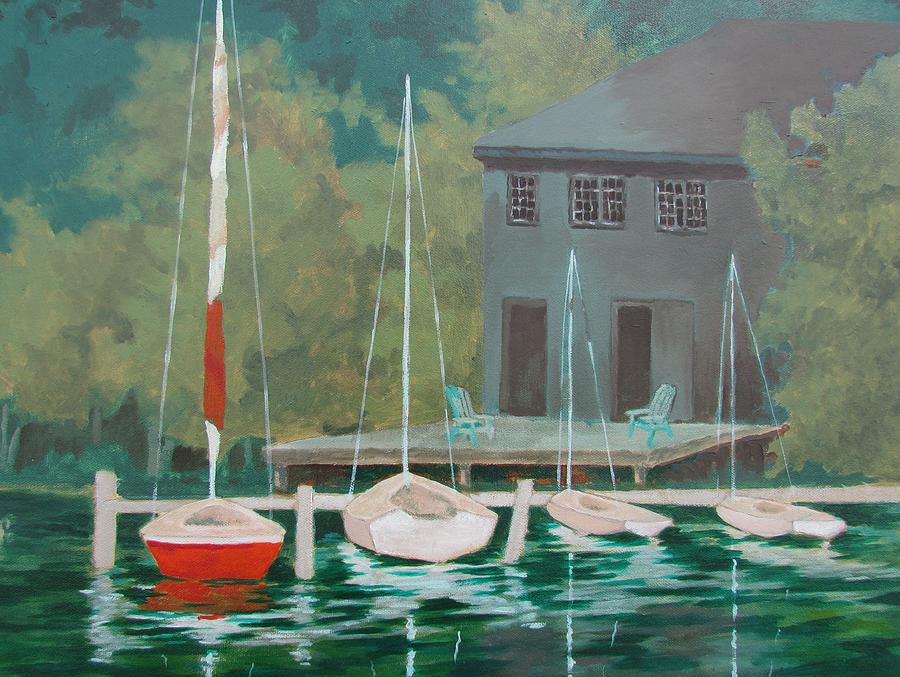Sun Fish Boat House at Dusk Painting by Tony Caviston