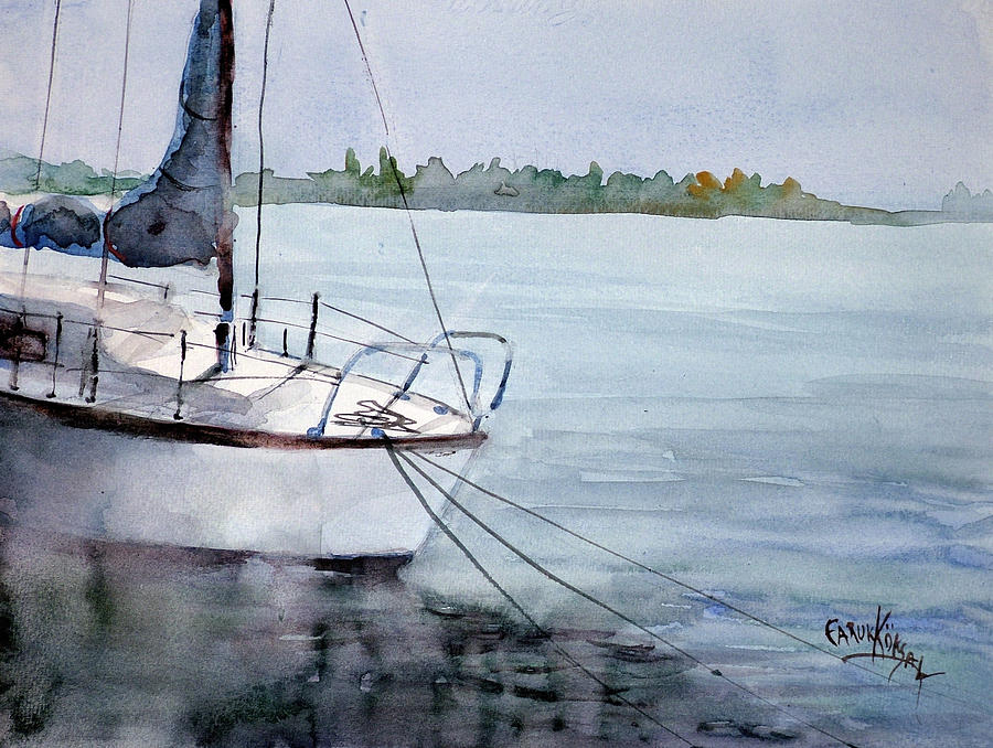 Boat in calm sea Painting by Faruk Koksal