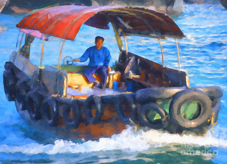 Boat in Kowloon Harbour Digital Art by Liz Leyden