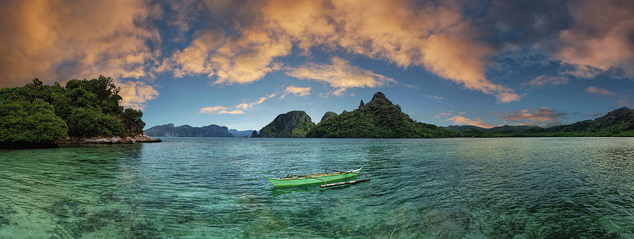 Boat In Lagoon With Mountain Photograph by Panoramic Images