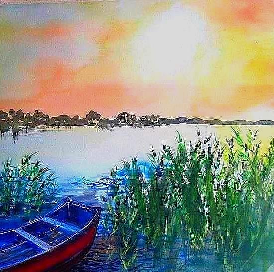 Boat in Reeds Painting by Esther Woods