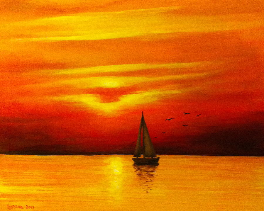 Boat in the Sunset Painting by Bozena Zajaczkowska
