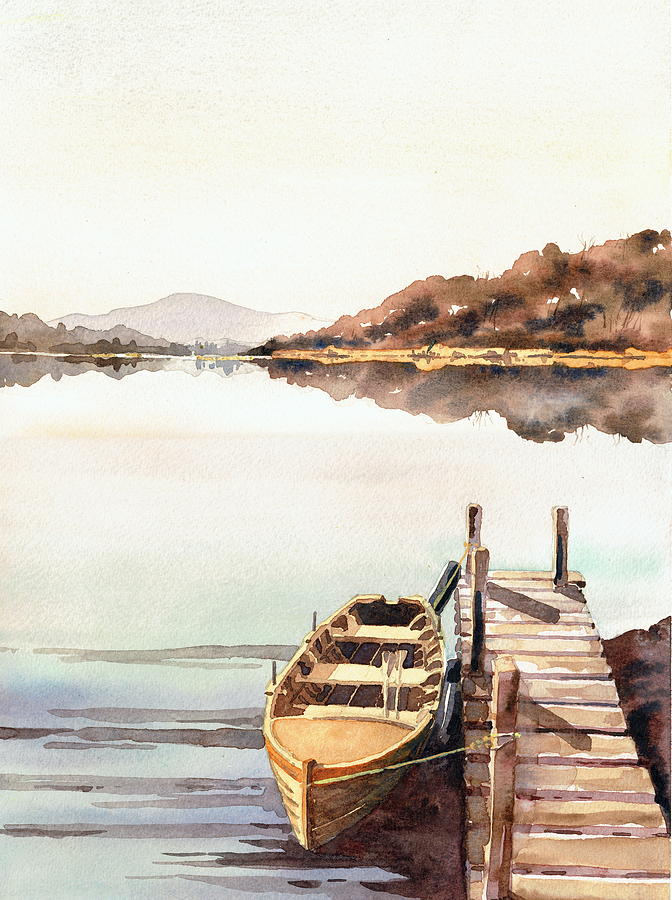 Boat Painting - Boat Jetty on Lough Erne Fermanagh by Val Byrne