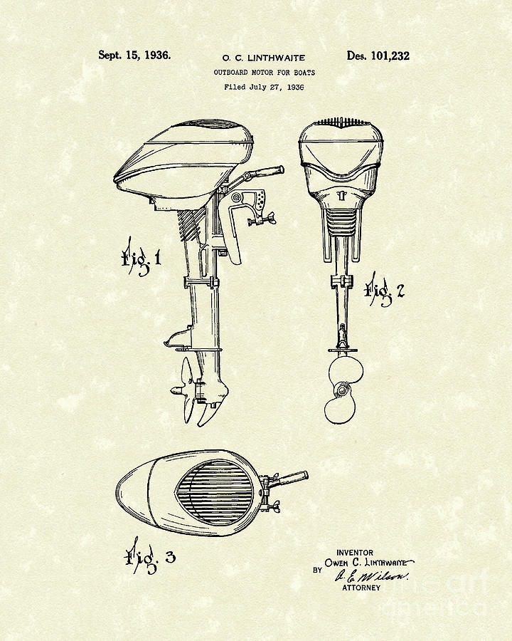 Boat Motor 1936 Patent Art  Drawing by Prior Art Design