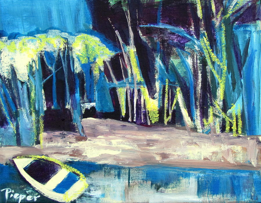 Boat on Shore Line with Trees on Land Painting by Betty Pieper