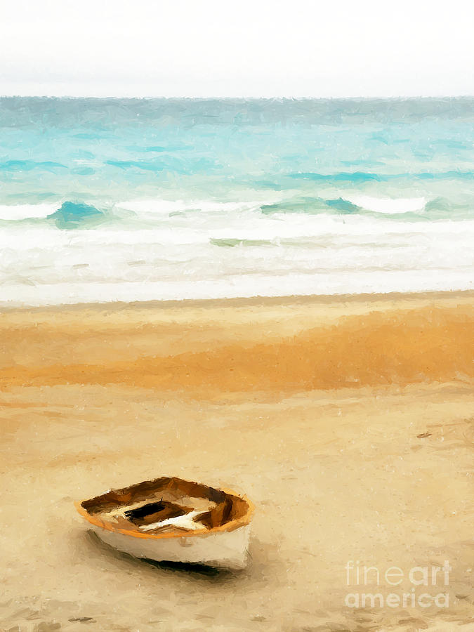 Sunset Painting - Boat on shore by Pixel  Chimp