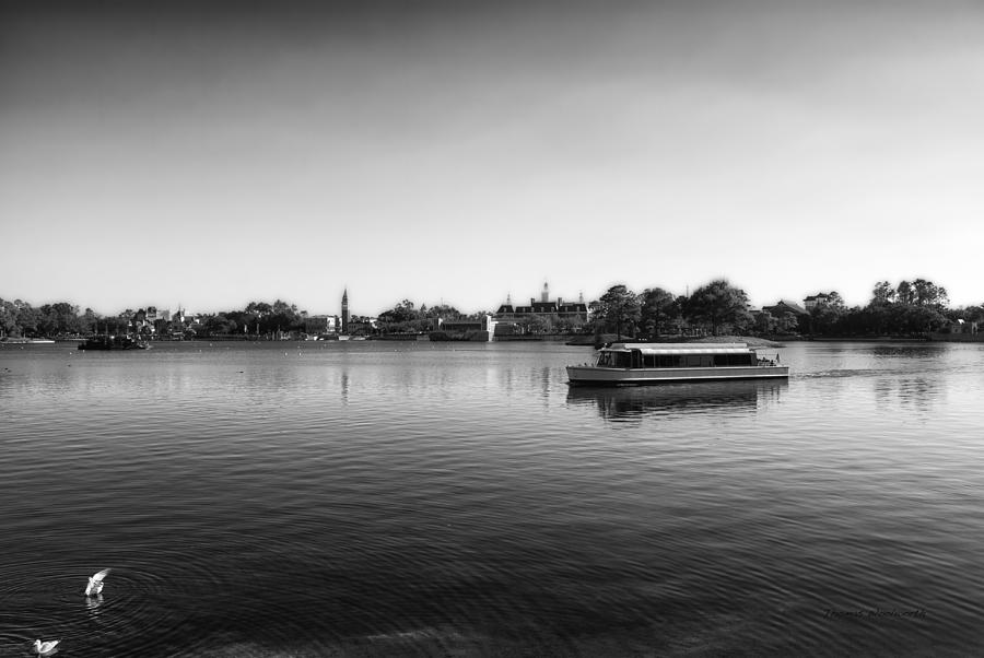 Black And White Photograph - Boat Ride World Showcase Lagoon in Black and White Walt Disney World by Thomas Woolworth