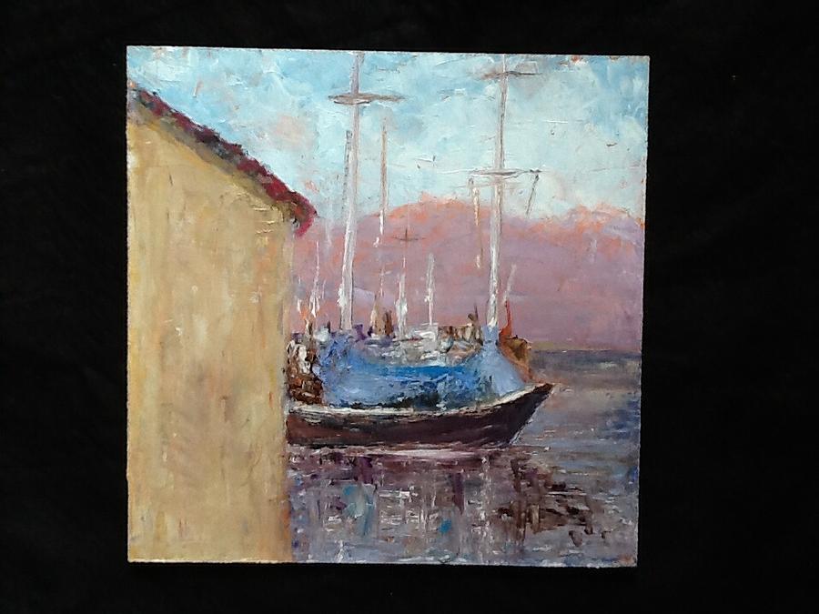 Boat with blue wrap Painting by Bobbie Frederickson