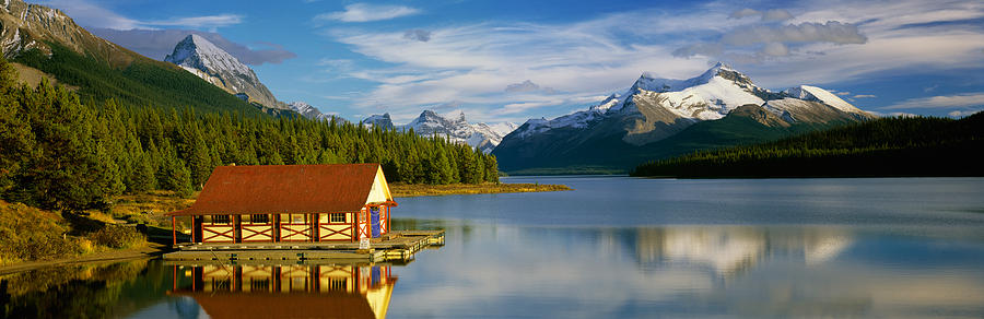 Boathouse At The Lakeside, Maligne Photograph by Panoramic Images