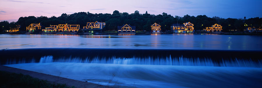 Christmas Photograph - Boathouse Row Lit Up At Dusk by Panoramic Images