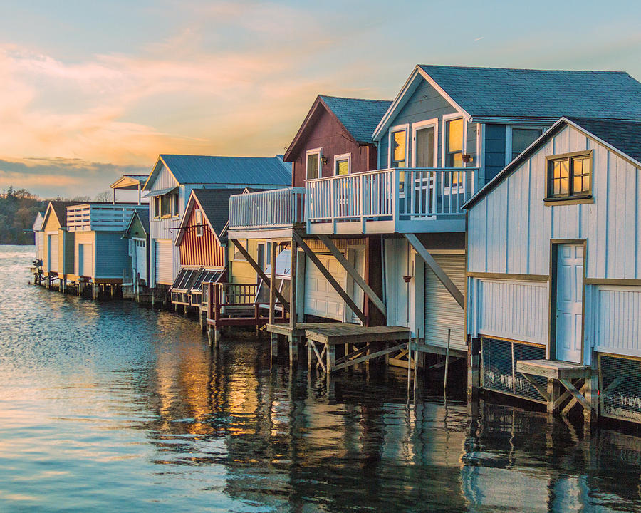 Sunset Photograph - Boathouses in the Golden Hour by Lou Cardinale