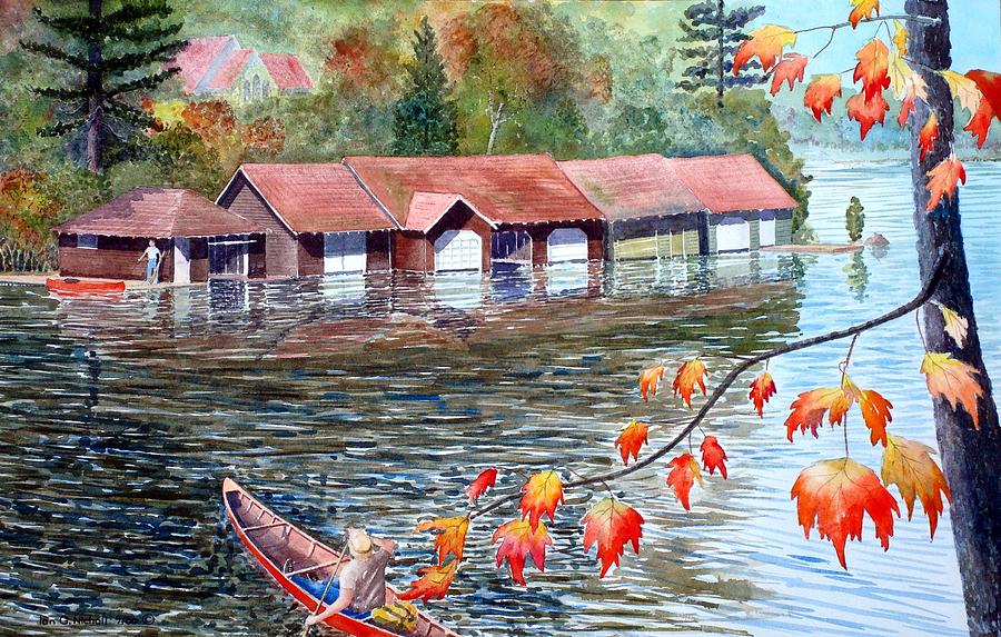 Landscape Painting - Boathouses on Mary Lake by Ian Nicholl