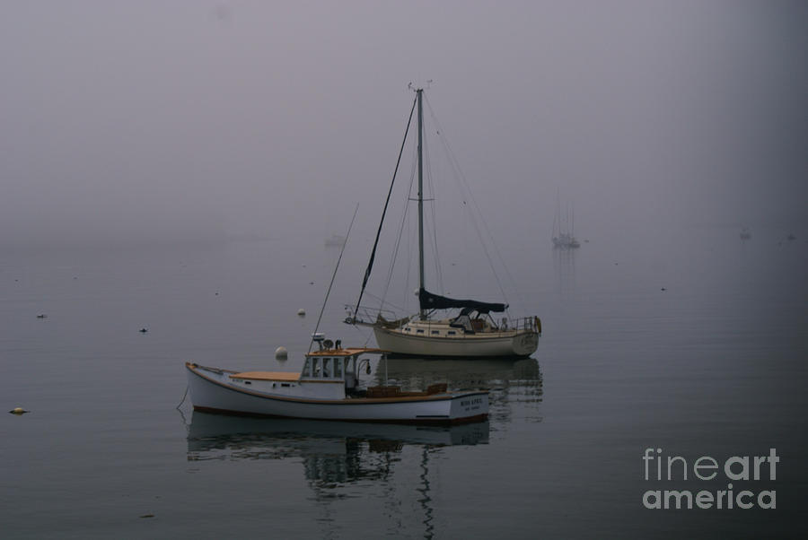 Boats anchored in the fog. Photograph by New England Photography