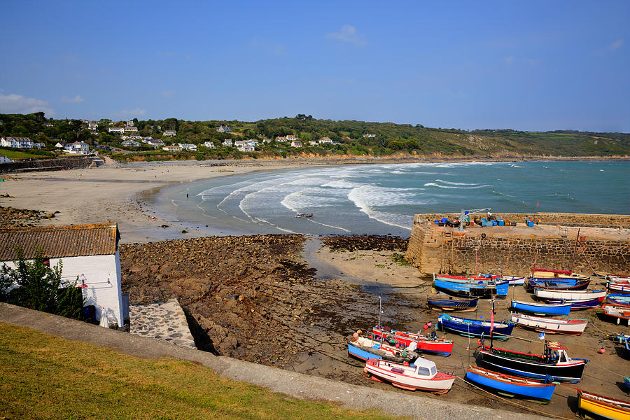 Boats and beach Coverack harbour The Lizard peninsula Cornwall England ...