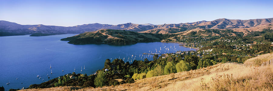 Nature Photograph - Boats At A Harbor, Akaroa Harbour by Panoramic Images