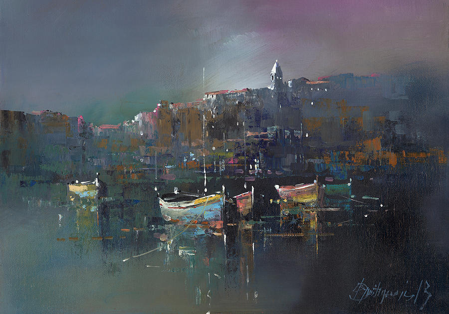 Boats At Dusk Painting by Branko Dimitrijevic