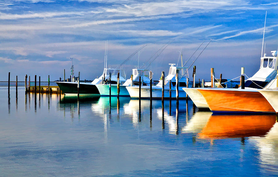 Boats at Oregon Inlet Outer Banks II Painting by Dan Carmichael