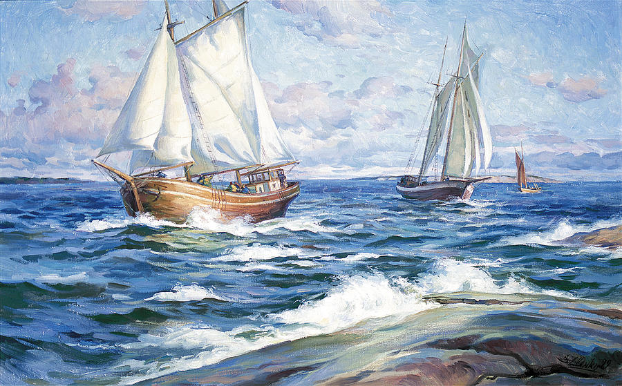 Seascape Painting - Boats at sea by Serguei Zlenko