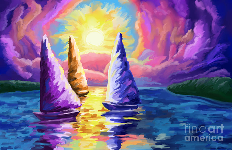 Boats At Sunset Painting by Tim Gilliland