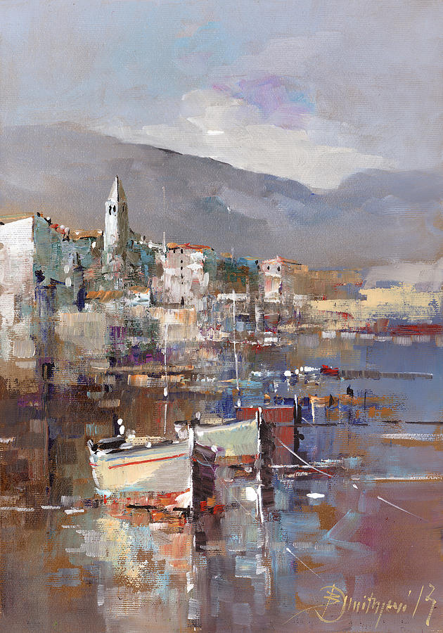 Boats By The City Painting by Branko Dimitrijevic