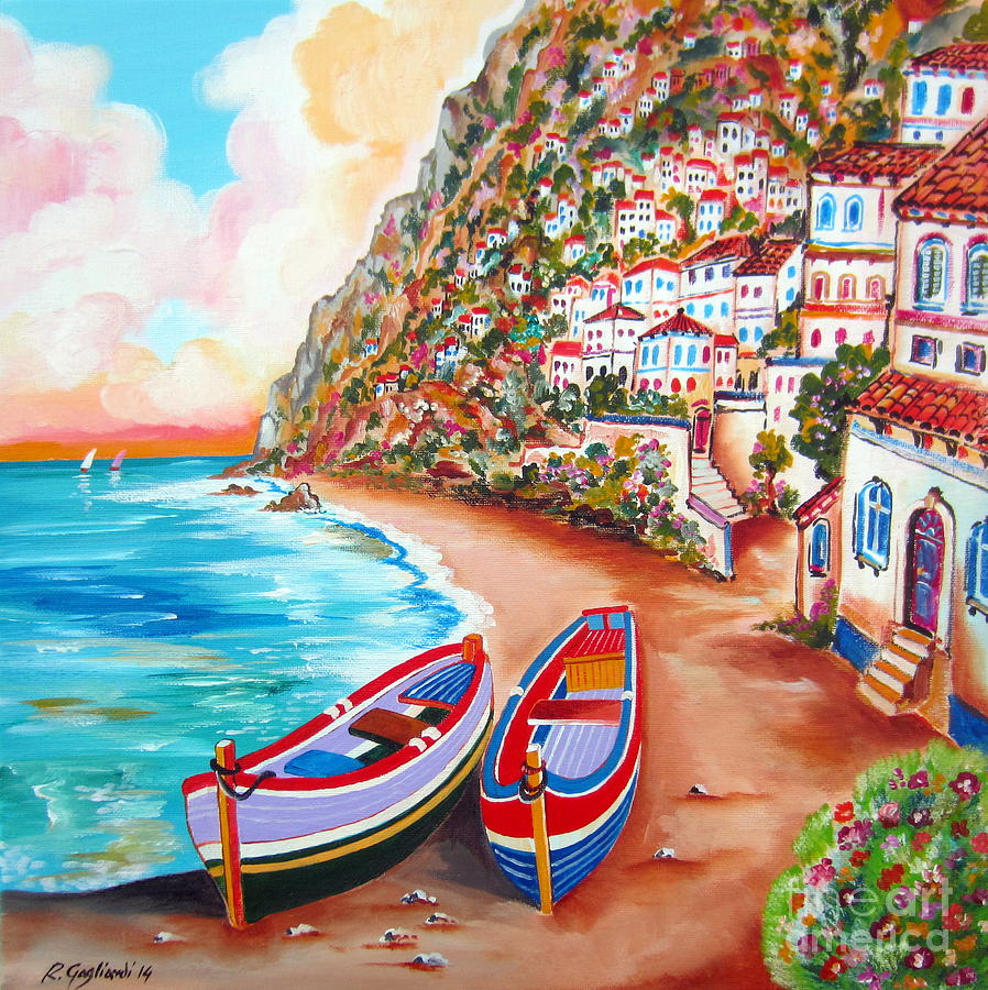 Boats down the Amalfi Coast Painting by Roberto Gagliardi