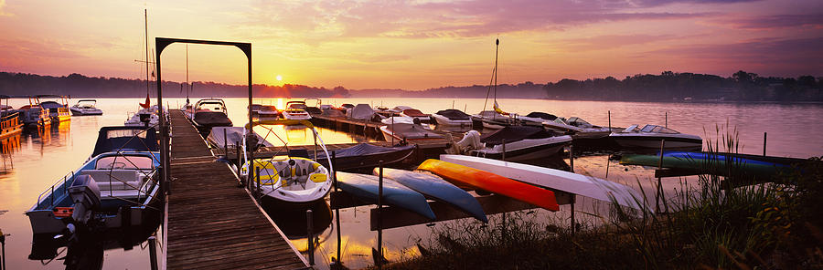 Sunset Photograph - Boats In A Lake At Sunset, Lake by Panoramic Images