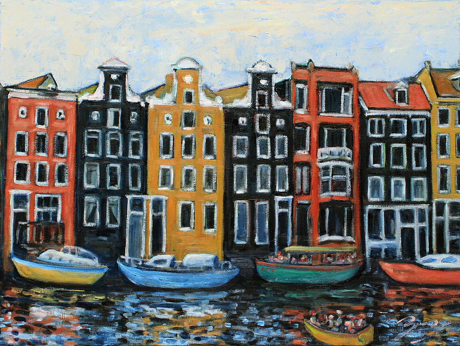 Boats In Front of the Buildings VI Painting by Xueling Zou