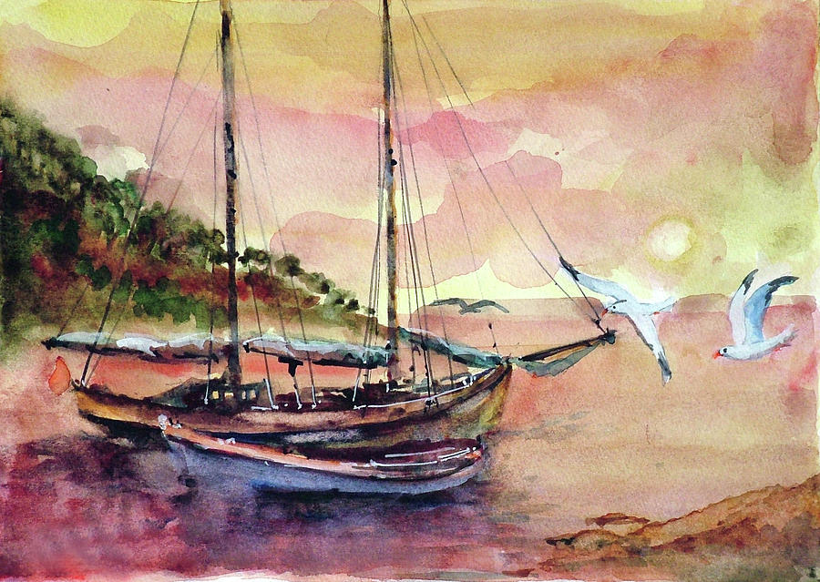 Boats in Sunset  Painting by Faruk Koksal