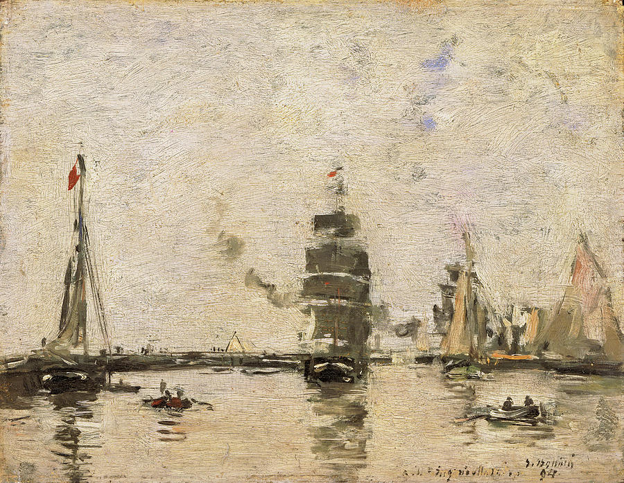 Boats in Trouville Harbor Painting by Eugene Boudin