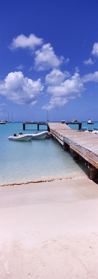 Nature Photograph - Boats Moored At A Pier, Sandy Ground by Panoramic Images