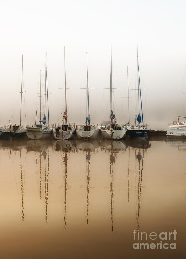 Boats moored in fog Photograph by Arletta Cwalina