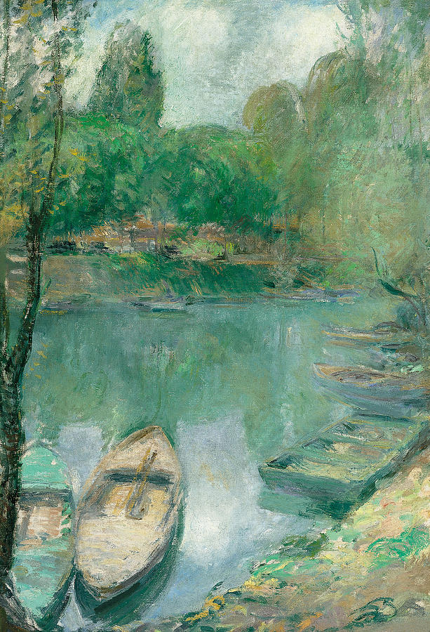 Boats moored on a Pond Painting by John Henry Twachtman