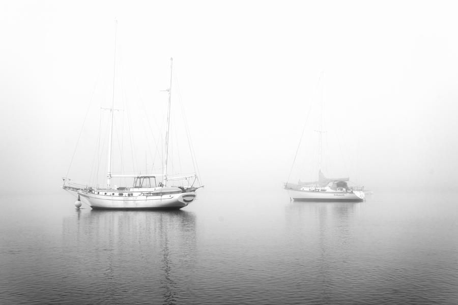 Nature Photograph - Boats On A Foggy Morning In Black And White by Priya Ghose