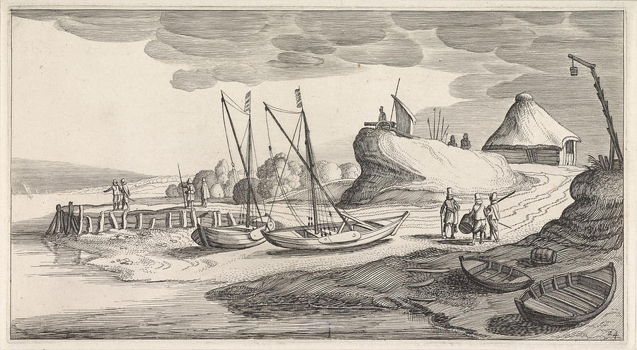 Boat Drawing - Boats On A River Bank, Jan Van De Velde II by Jan Van De Velde (ii)