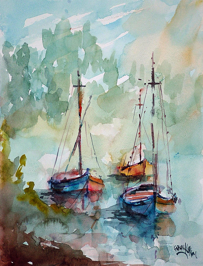 Boats on Lake  Painting by Faruk Koksal
