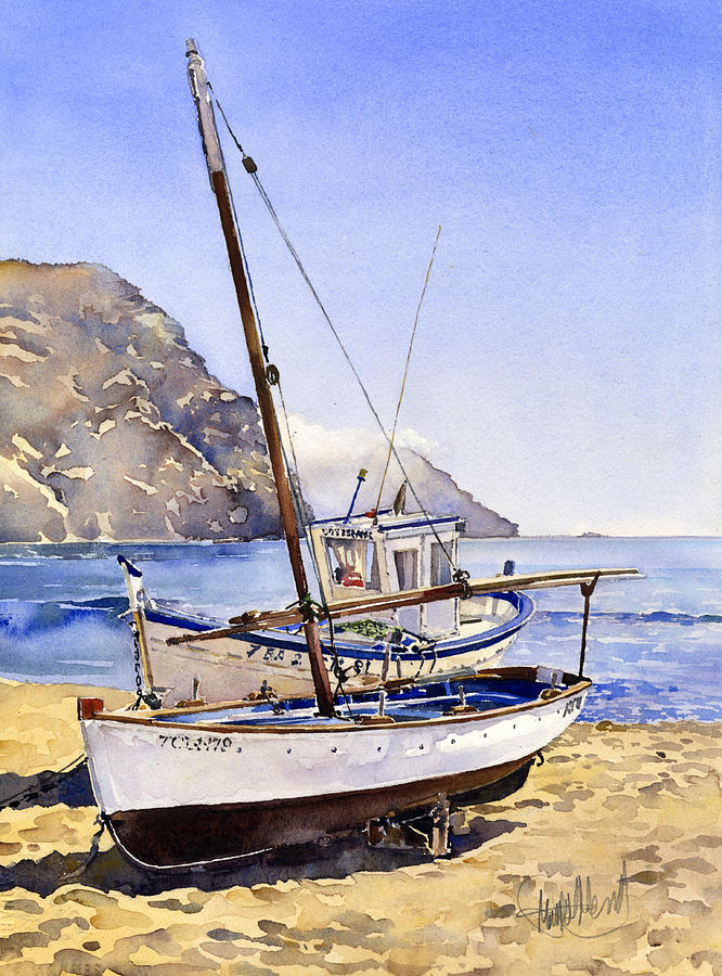 Boats on the beach at Las Negras Painting by Margaret Merry
