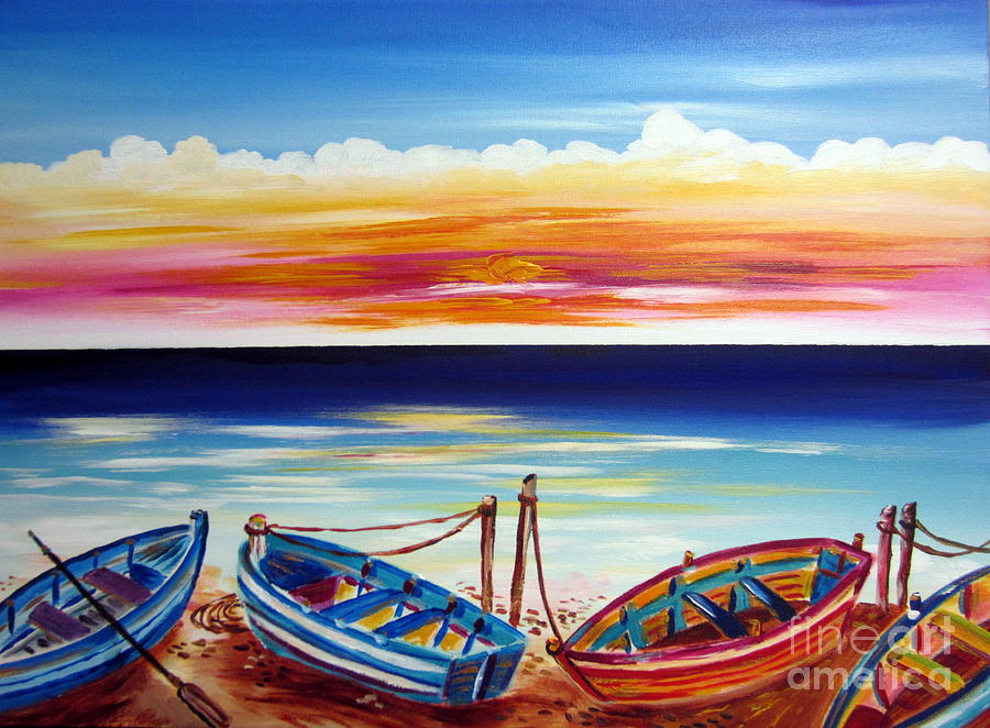 Boats on the beach on Sunrise Painting by Roberto Gagliardi