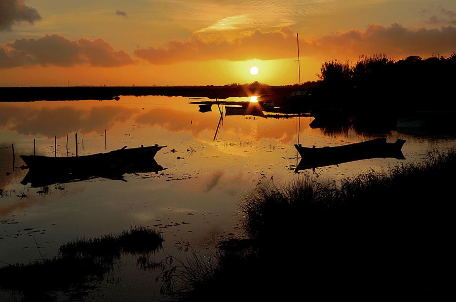 Boat Photograph - Boats silhouettes at sunset by Angelo DeVal