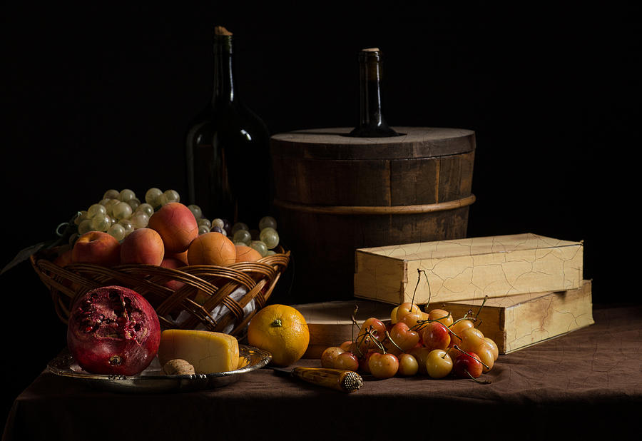 Bodegon with Boxes-Cooler-Basquet of Fuits-Cheese and Yellow Cherries Photograph by Levin Rodriguez