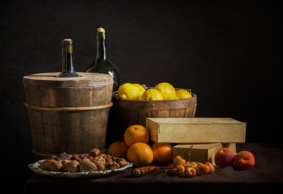 Still Life Photograph - Bodegon with Cooler-Jalea Boxes-Oranges and Nuts by Levin Rodriguez
