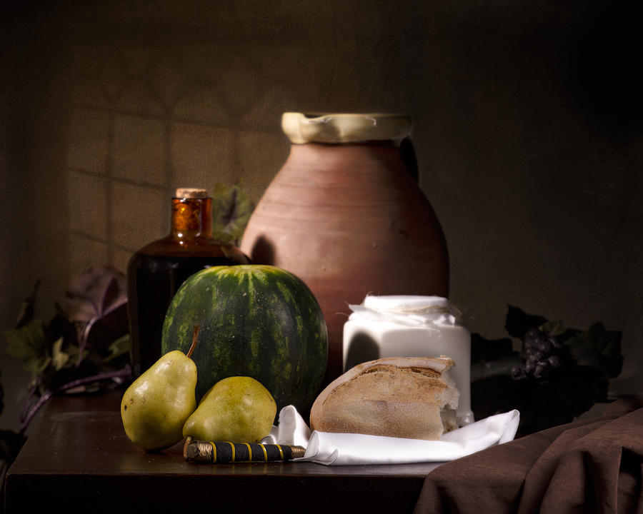 Still Life Photograph - Bodegon with Watermelon-Pears-Bread and Big Jar by Levin Rodriguez