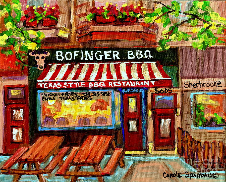 Bofingers Smokehouse Painting Texas Style Bbq Diners Art Of Montreal City Scenes Carole Spandau Painting by Carole Spandau