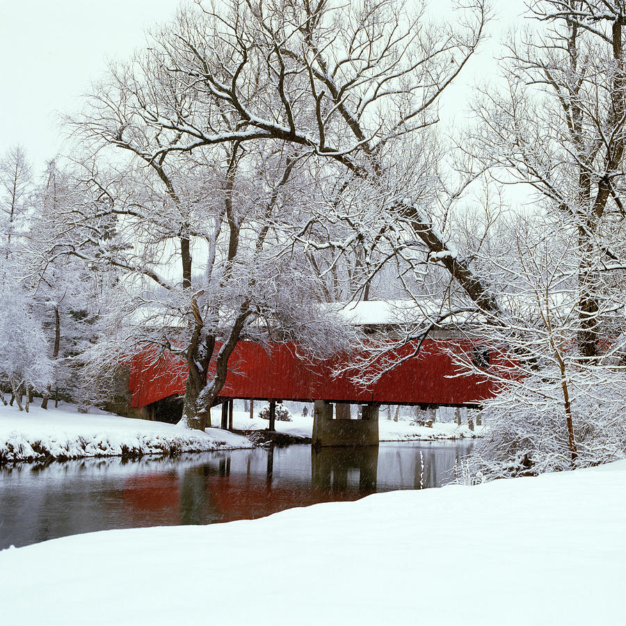Horizontal Photograph - Bogarts Bridge Red Covered Bridge by Vintage Images Horizontal Photograph - Bogarts Bridge Red Covered Bridge by Vintage Images